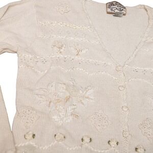 Vintage Grandma Sweater Sz L Knit Beaded Flowers Ivory GrannyCore Crochet Chunky